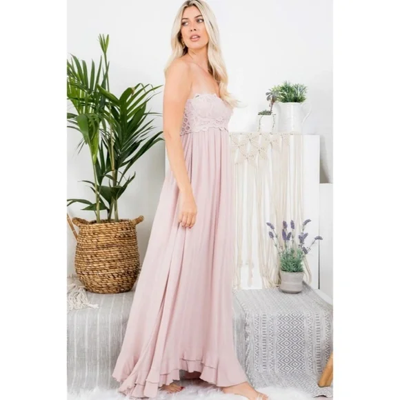 Nude Pink Scallop Crochet Lace Bust Strapless Tube Tiered Skirt Maxi Long Dress - Picture 5 of 6